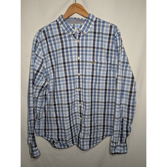 Lacoste Mens Checked Regular Fit Button Down Shirt Size 46 XL Cotton Blue White - Picture 1 of 7